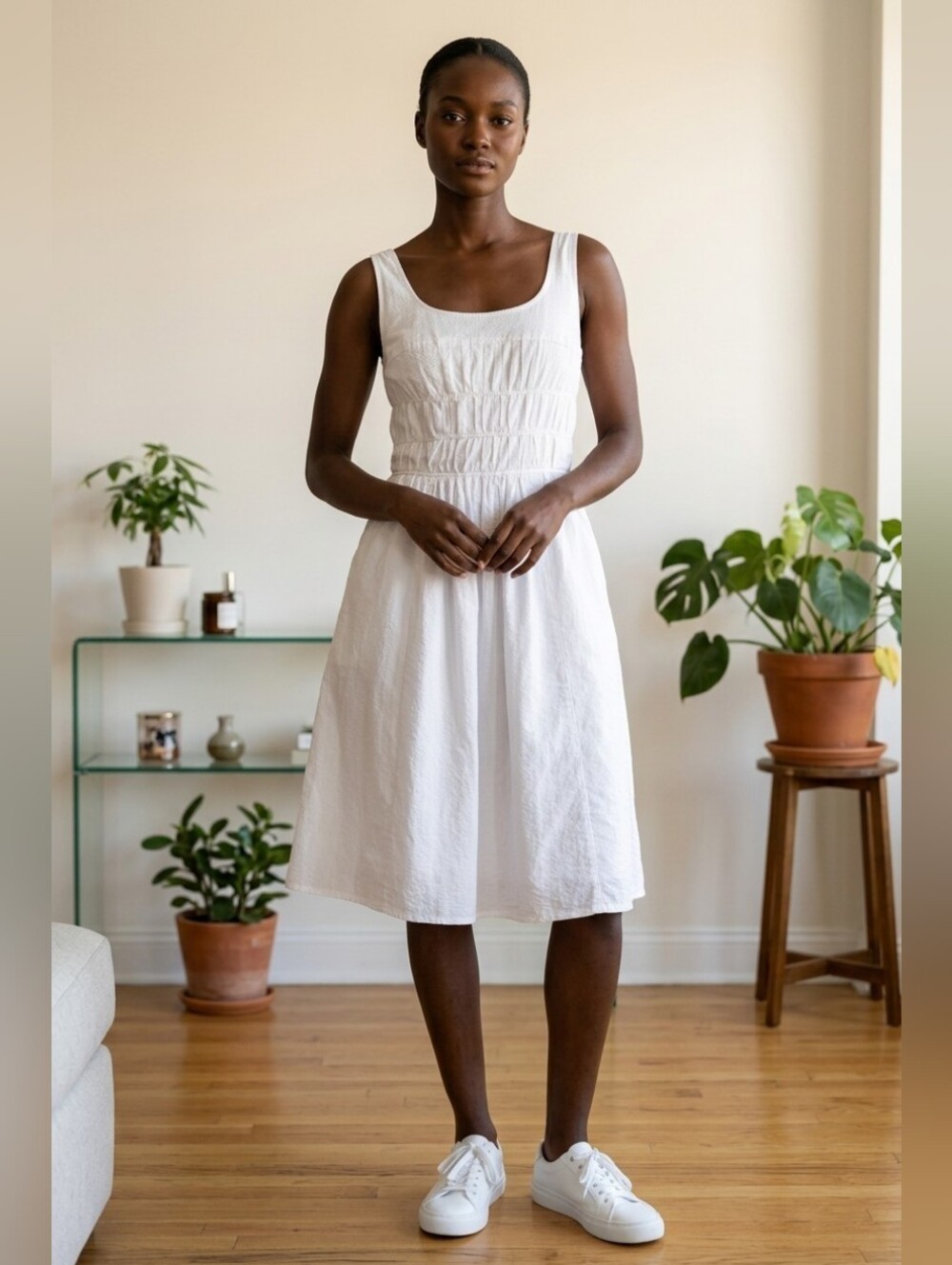 White Sleeveless Sundress with Gathered Bodice